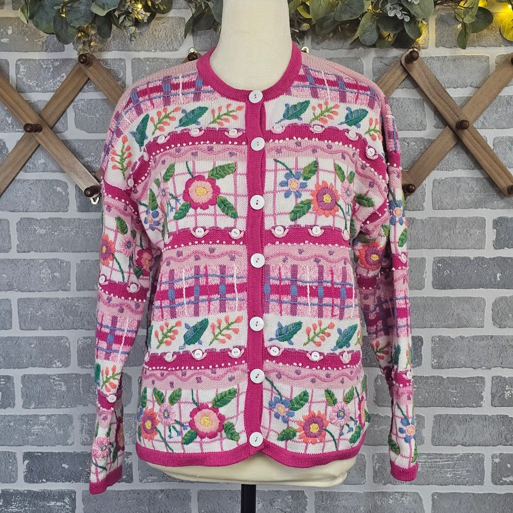 Talbots Floral Embroidered Cardigan Sweater Women's Medium Cottagecore Pink